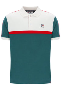 Teal and white polo shirt with red accents on a white background