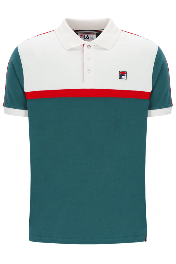 Teal and white polo shirt with red accents on a white background