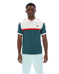 Man wearing a green and white polo shirt with a red stripe on a white background