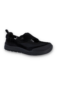 Black slip-on sneakers with black strap on a white background