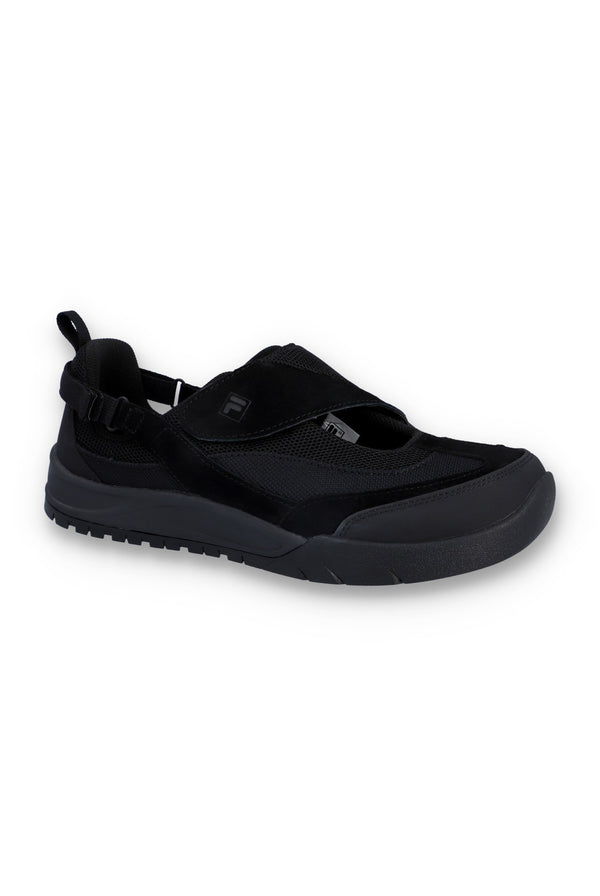 Black slip-on sneakers with black strap on a white background