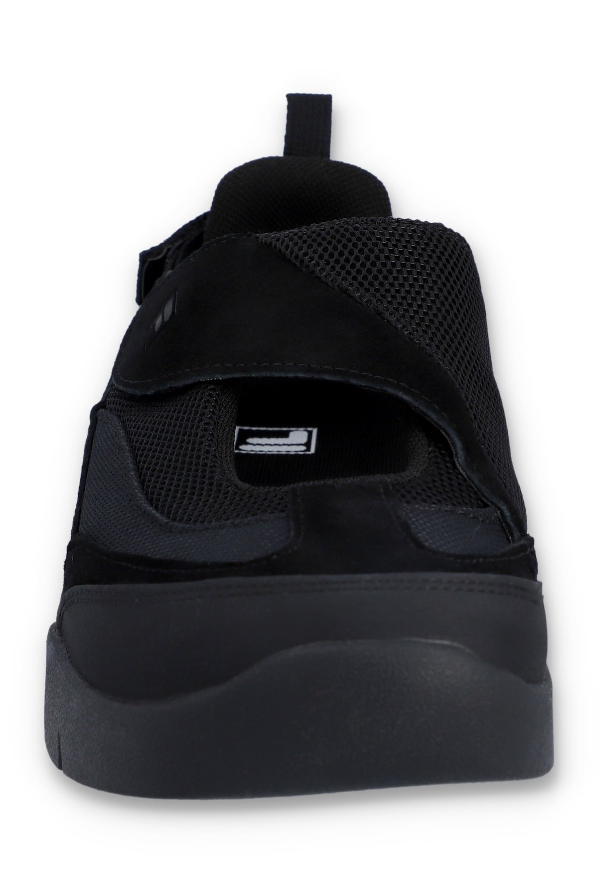 Black slip-on sneakers with black strap on a white background