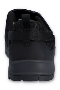 Black slip-on sneakers with black strap on a white background