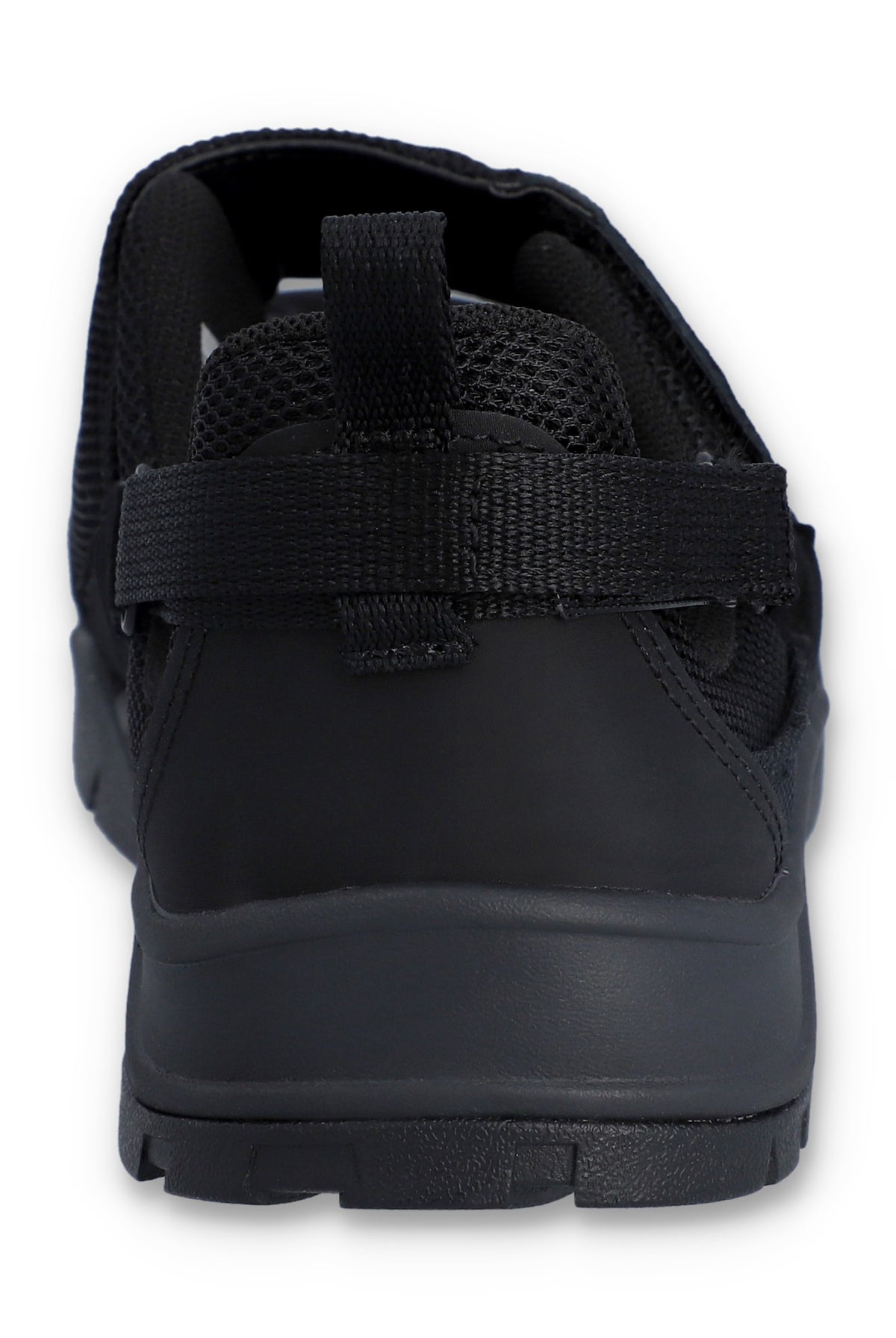 Black slip-on sneakers with black strap on a white background