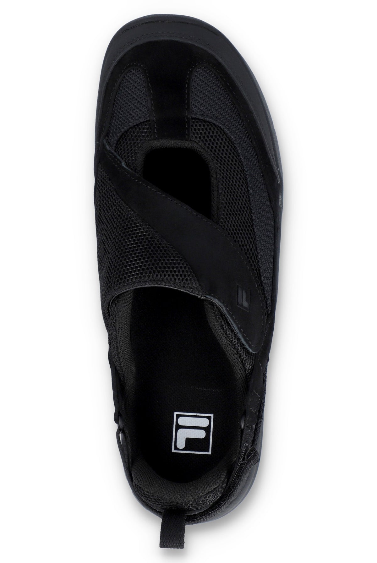 Black slip-on sneakers with black strap on a white background