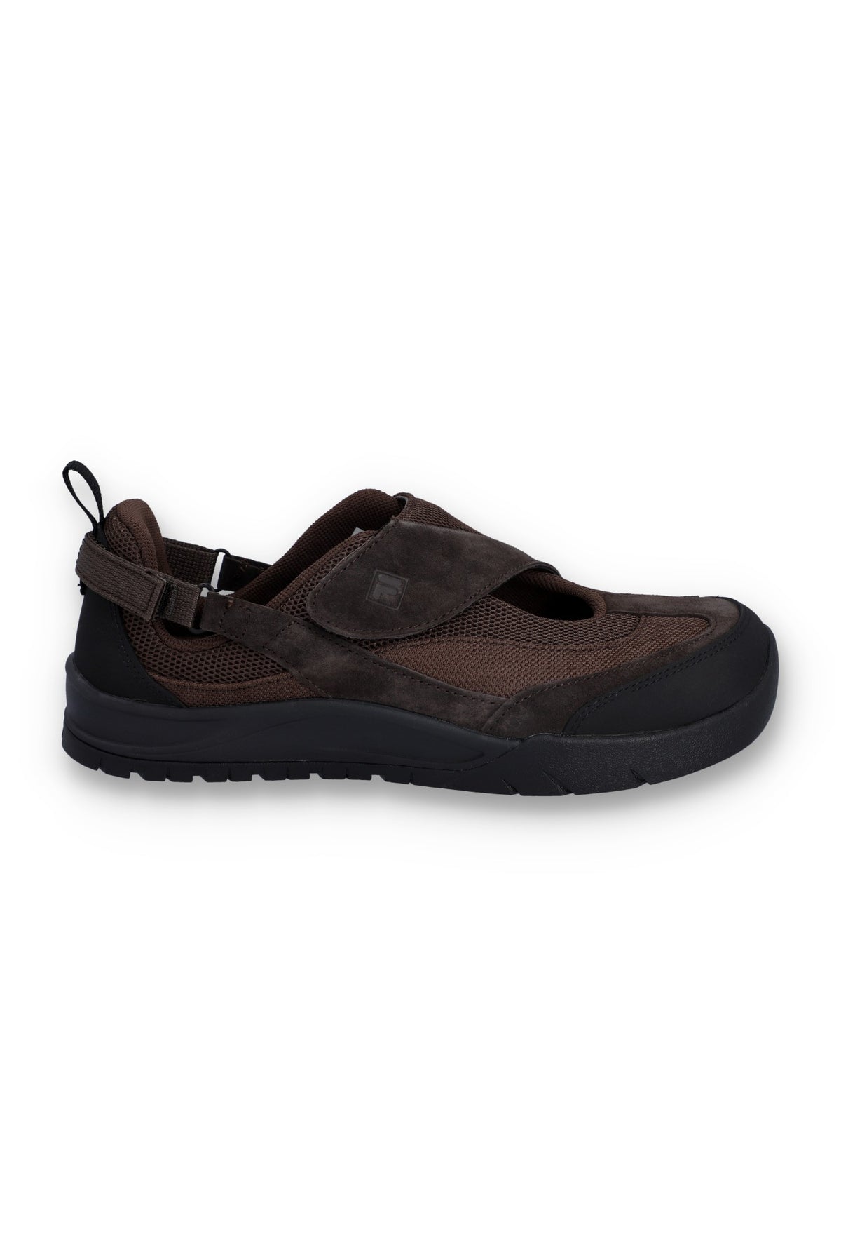 Brown flat shoe with a strap on a white background