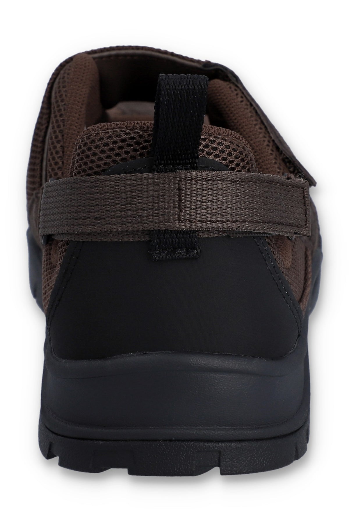 Brown flat shoe with a strap on a white background