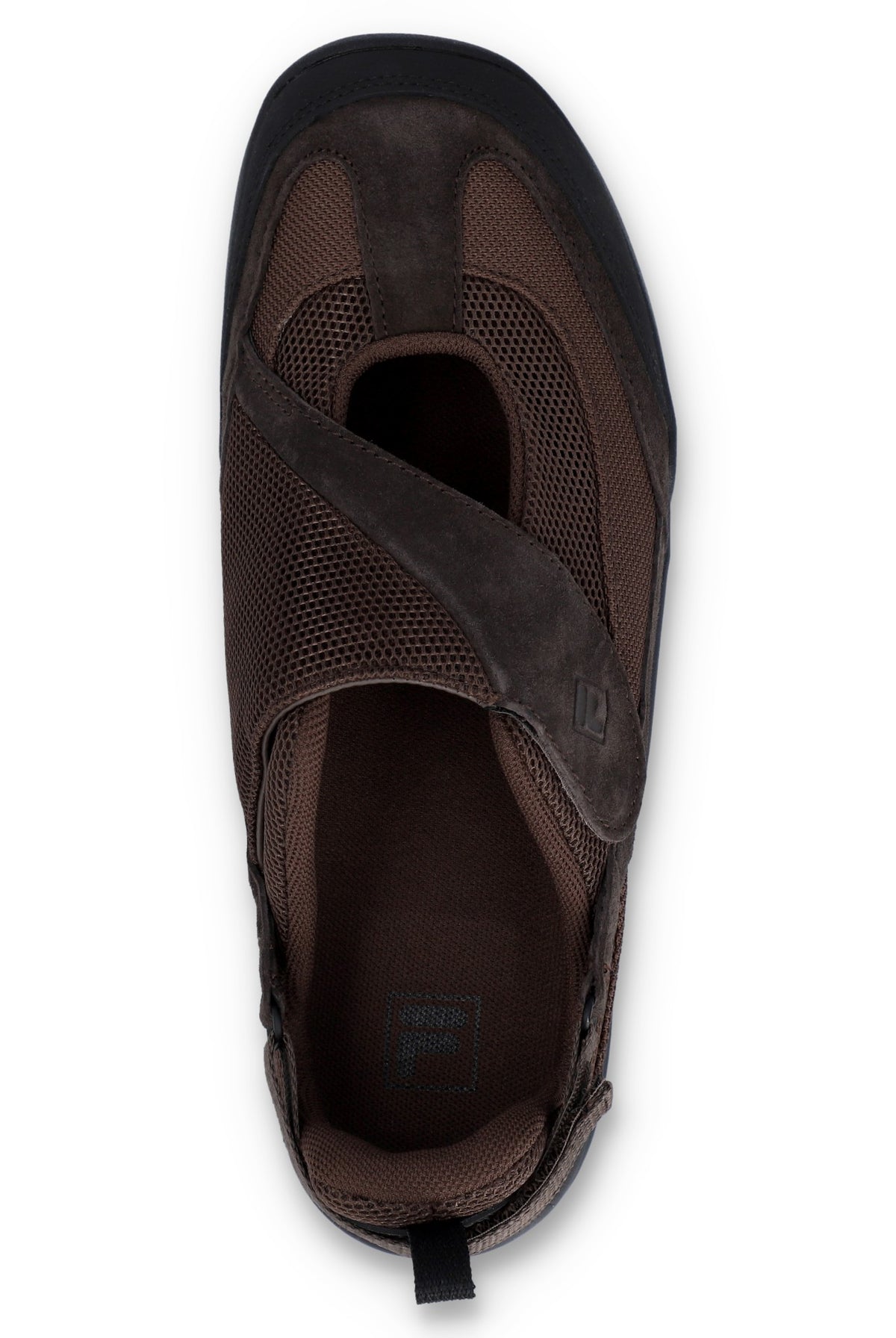 Brown flat shoe with a strap on a white background