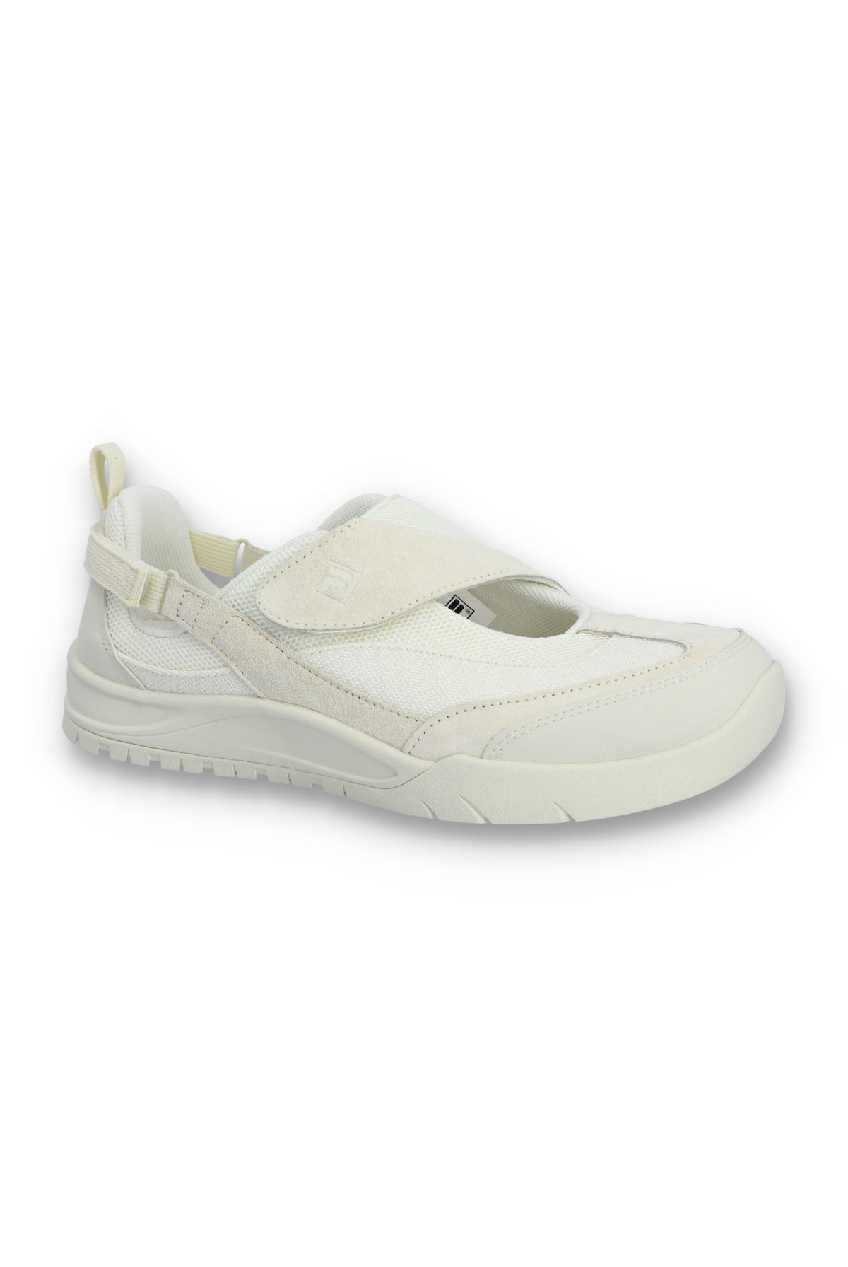 White Mary Jane with a strap on a white background.