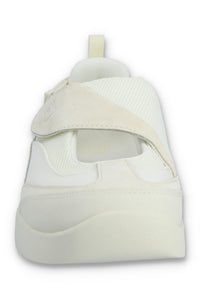 White Mary Jane with a strap on a white background.