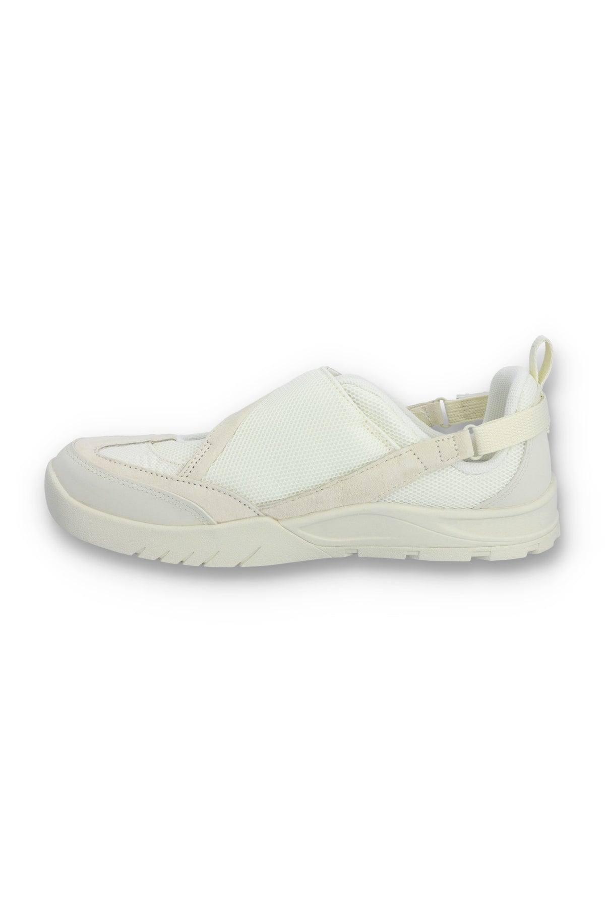 White Mary Jane with a strap on a white background.