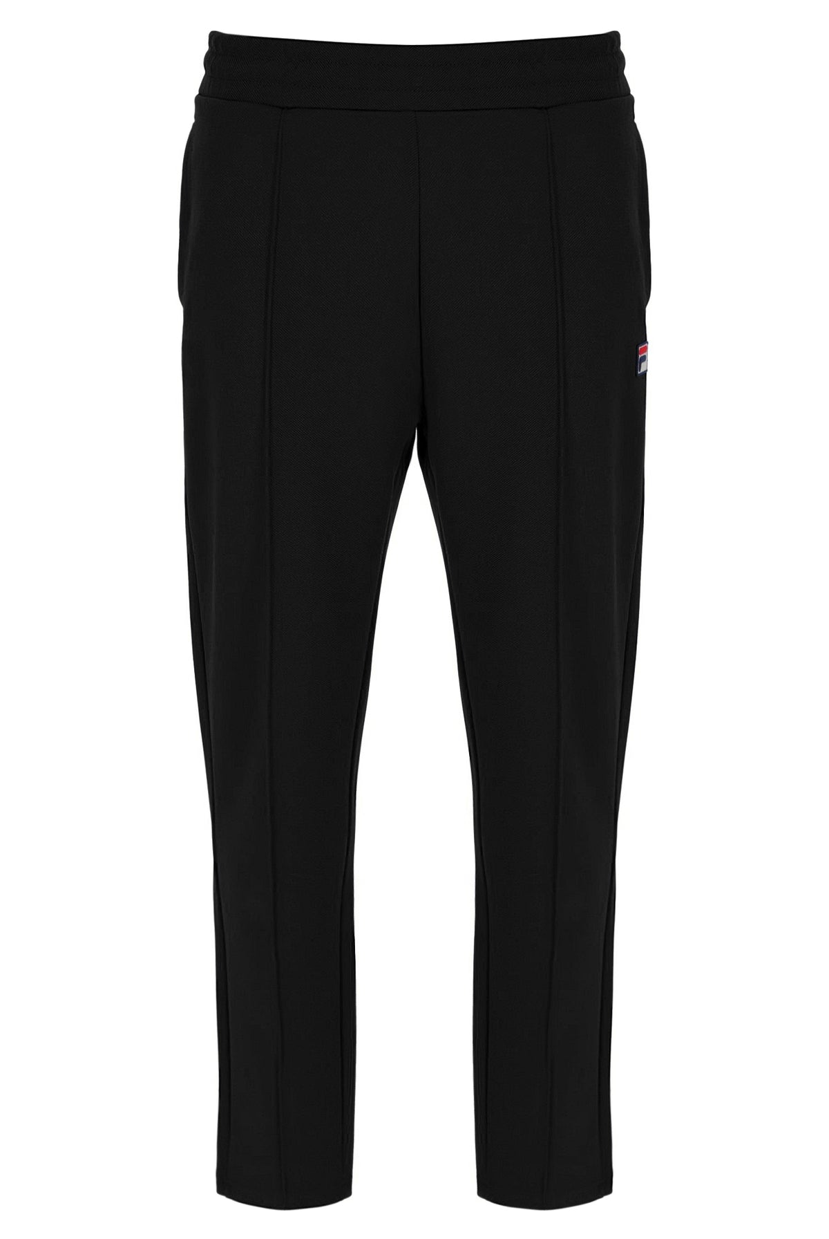 Black pants with a small red logo on a white background