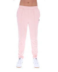 Pink sweatpants worn by a person on a white background