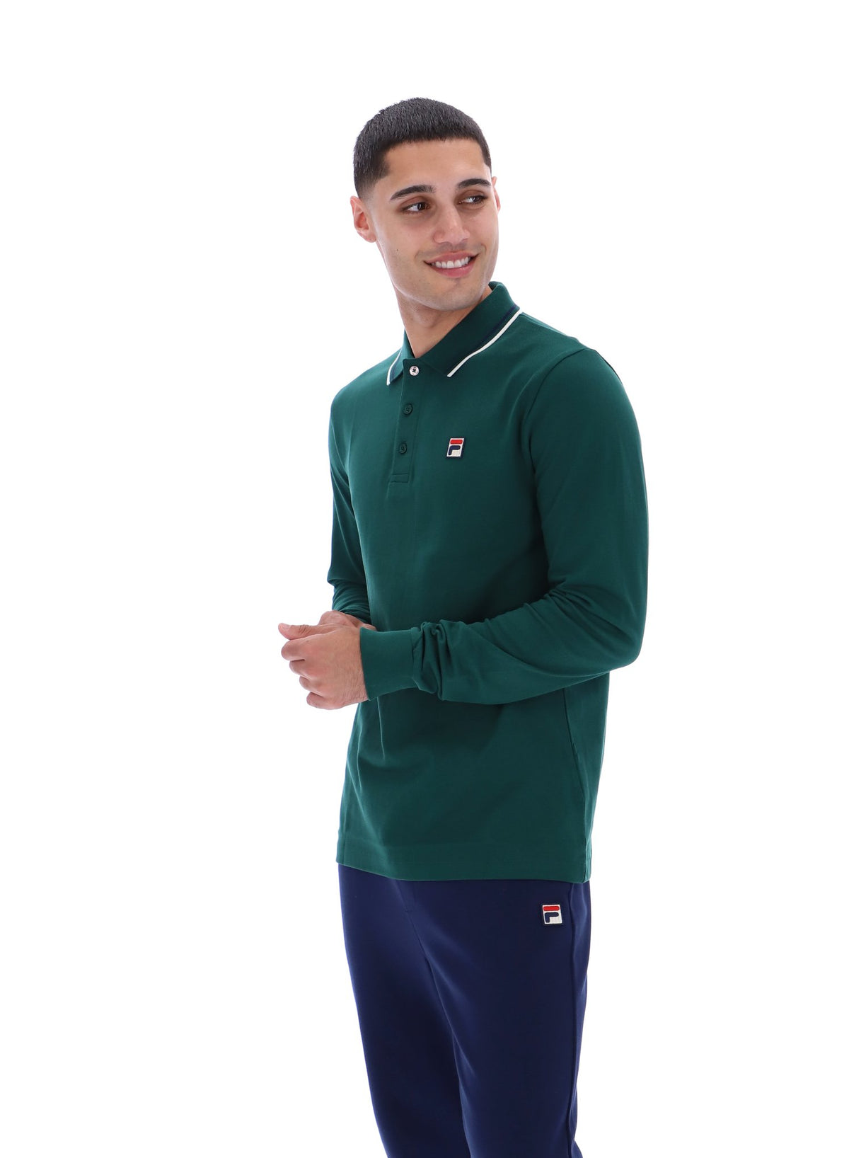 Displays a model wearing the Rain Forest Monte 'FILA' branded Tipped Collar Long Sleeve Polo
