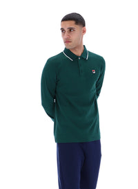 Displays a model wearing the Rain Forest Monte 'FILA' branded Tipped Collar Long Sleeve Polo