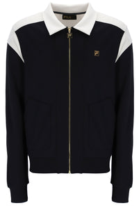 Black jacket with white collar and sleeves on a white background