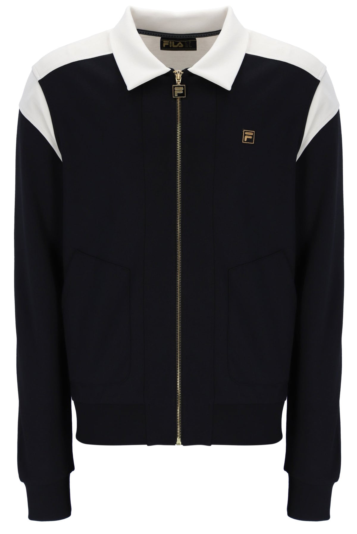 Black jacket with white collar and sleeves on a white background