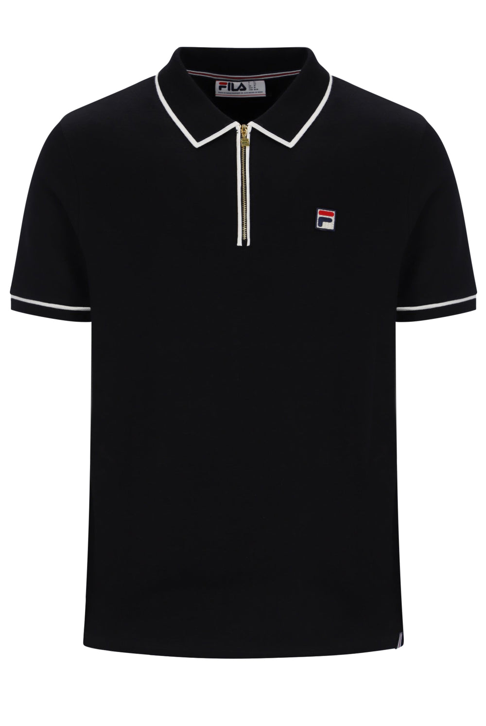 A black short-sleeve polo shirt by FILA, featuring a half-zip collar with white piping, a white FILA logo patch on the left chest, and white trim on the sleeve cuffs.