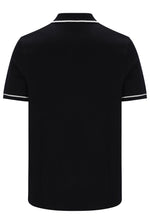 Black short-sleeve polo shirt shown from the back, featuring thin white contrast piping along the collar and sleeve cuffs, on a plain white background.