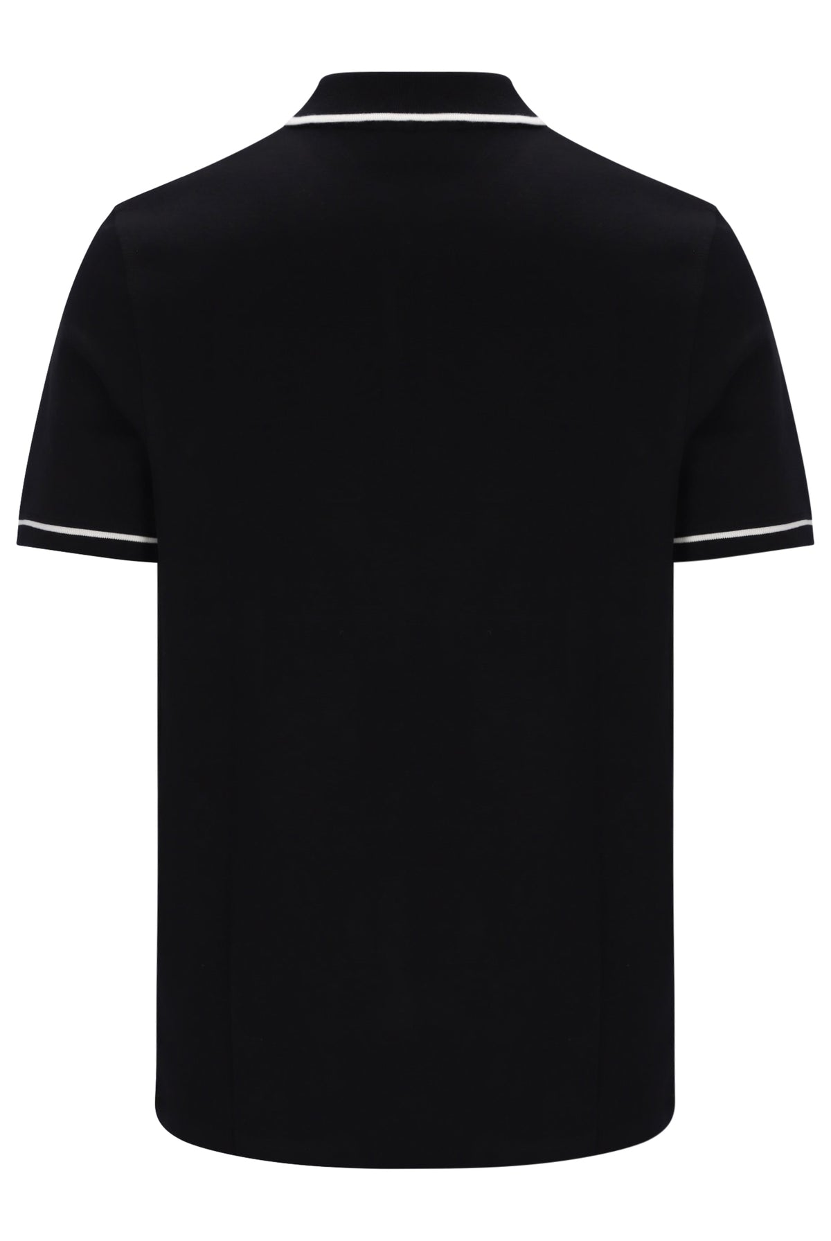 Black short-sleeve polo shirt shown from the back, featuring thin white contrast piping along the collar and sleeve cuffs, on a plain white background.