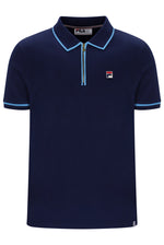 A navy blue short-sleeve polo shirt with a half-zip collar, light blue piping details, and a small Fila logo on the left chest, displayed on a clean white background.