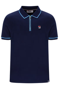 A navy blue short-sleeve polo shirt with a half-zip collar, light blue piping details, and a small Fila logo on the left chest, displayed on a clean white background.