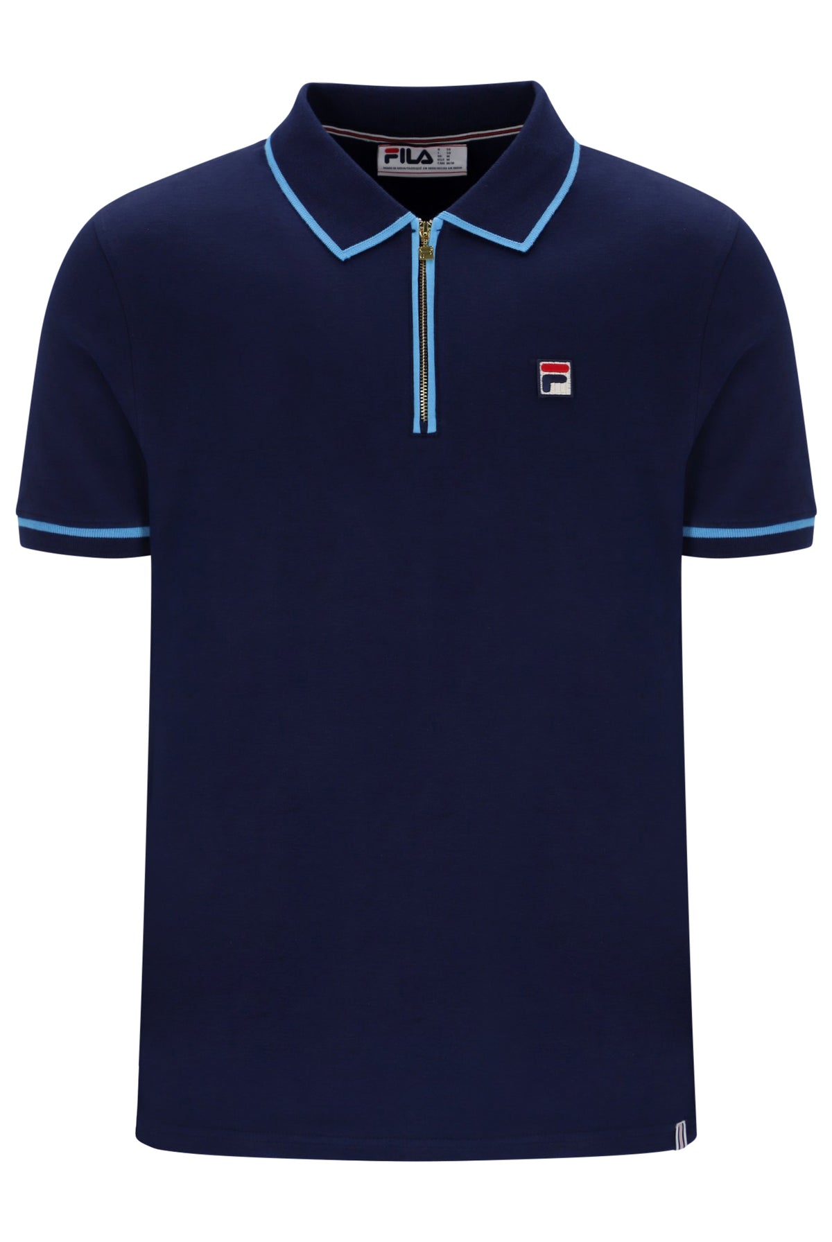 A navy blue short-sleeve polo shirt with a half-zip collar, light blue piping details, and a small Fila logo on the left chest, displayed on a clean white background.
