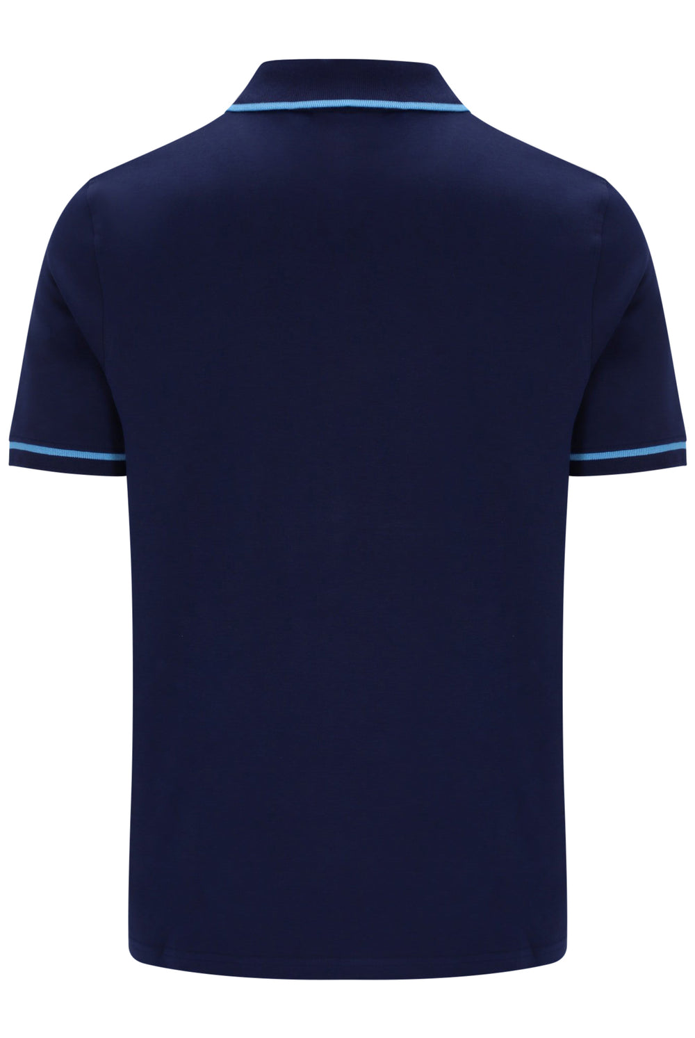 A navy blue short-sleeve polo shirt shown from the back, featuring light blue contrast piping along the collar and sleeve cuffs, set against a plain white background.