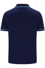 A navy blue short-sleeve polo shirt shown from the back, featuring light blue contrast piping along the collar and sleeve cuffs, set against a plain white background.