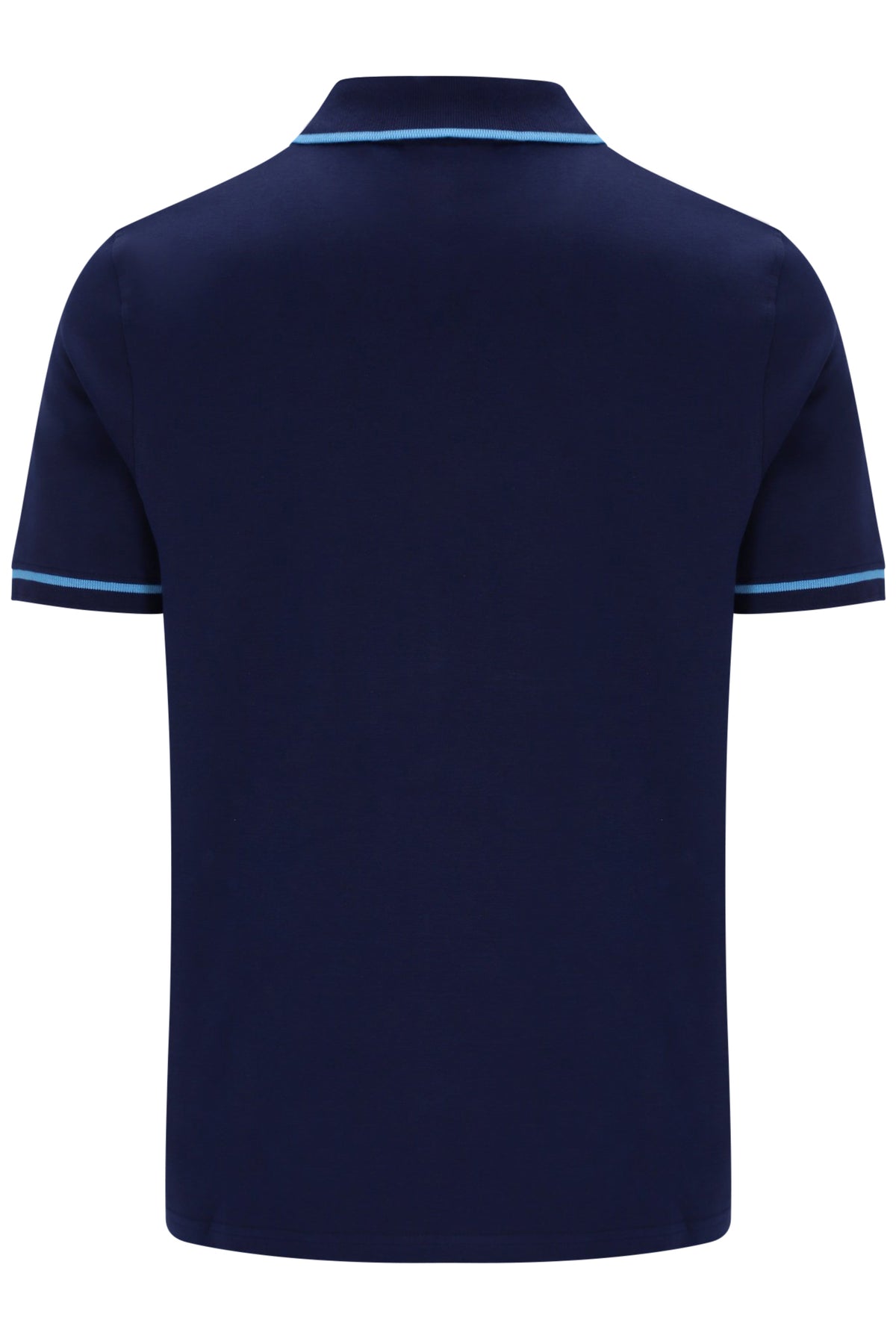 A navy blue short-sleeve polo shirt shown from the back, featuring light blue contrast piping along the collar and sleeve cuffs, set against a plain white background.