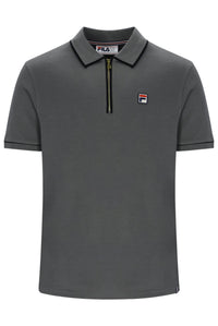 A dark gray short-sleeve polo shirt by Fila, featuring a half-zip collar with a black zipper, a black inner collar trim, and the signature Fila logo patch on the left chest.