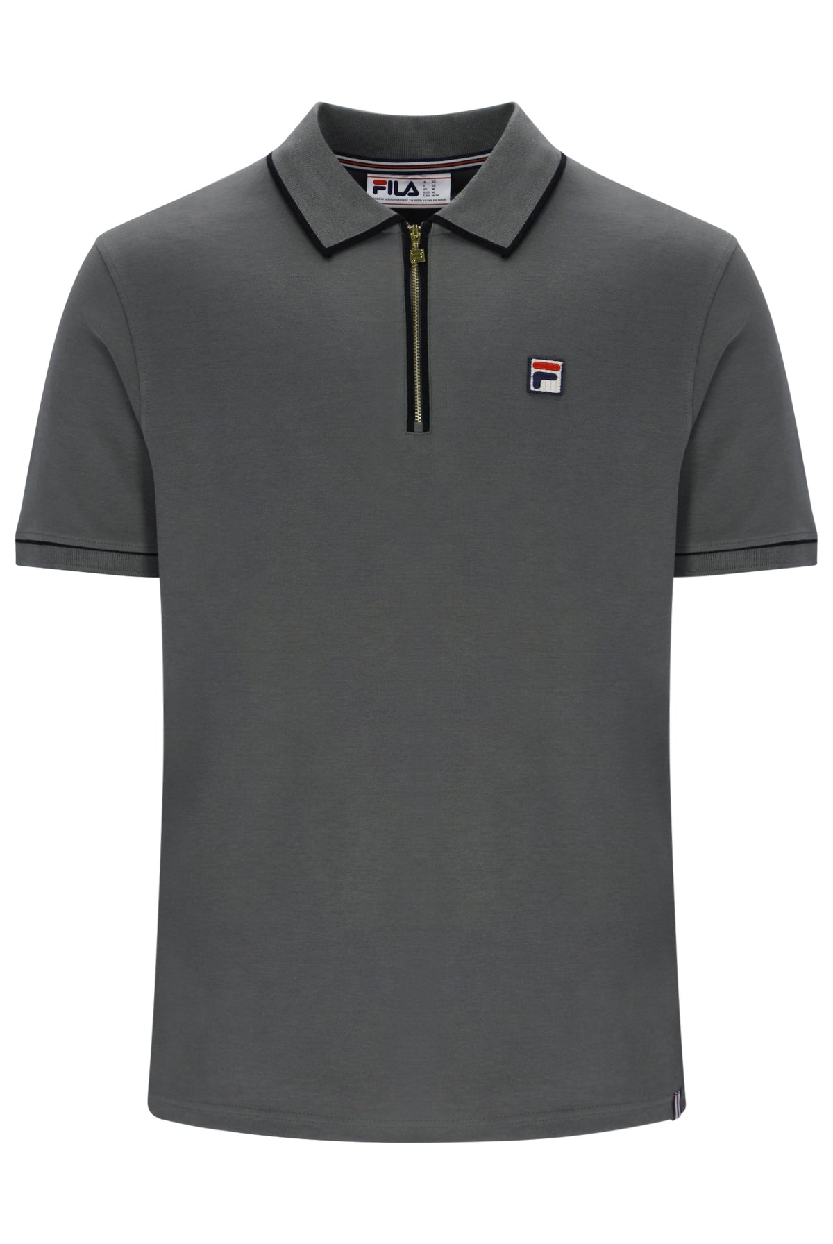 A dark gray short-sleeve polo shirt by Fila, featuring a half-zip collar with a black zipper, a black inner collar trim, and the signature Fila logo patch on the left chest.