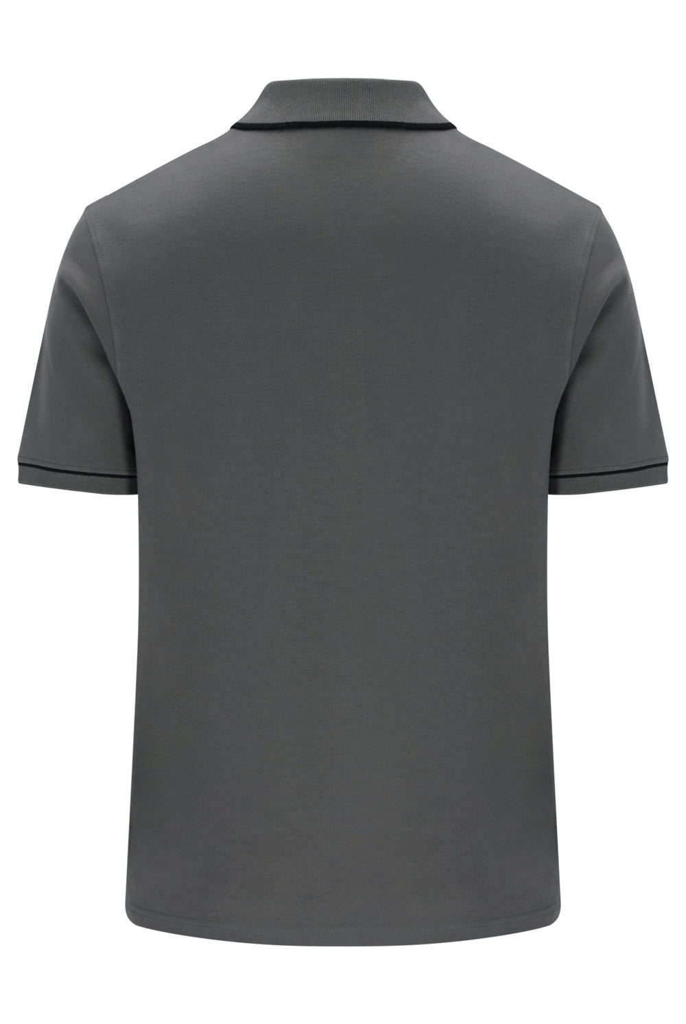 A dark gray short-sleeve polo shirt shown from the back, featuring a classic collar and subtle dark piping along the sleeve cuffs, set against a plain white background.