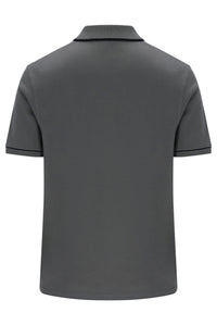 A dark gray short-sleeve polo shirt shown from the back, featuring a classic collar and subtle dark piping along the sleeve cuffs, set against a plain white background.