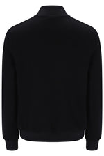 A black long-sleeve knit top with a mock neck collar, shown from the back against a plain white background.