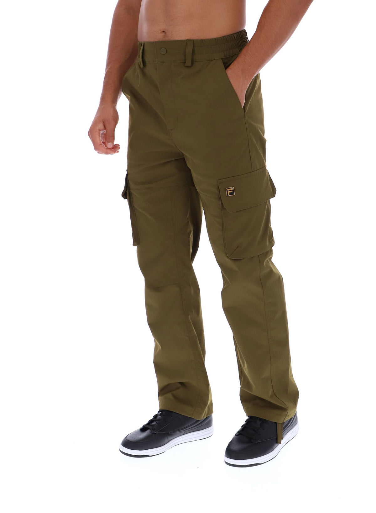 Displays a model wearing the Dark Olive 'FILA' branded Oscar Cargo Pants