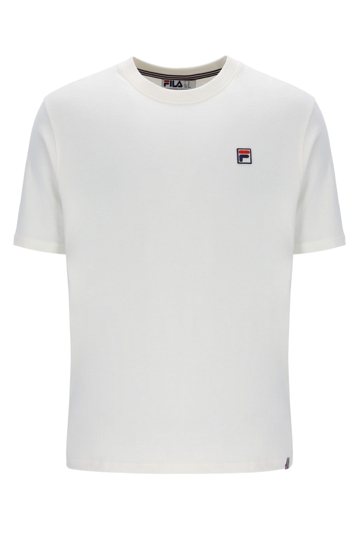 White t-shirt with a small logo on a white background