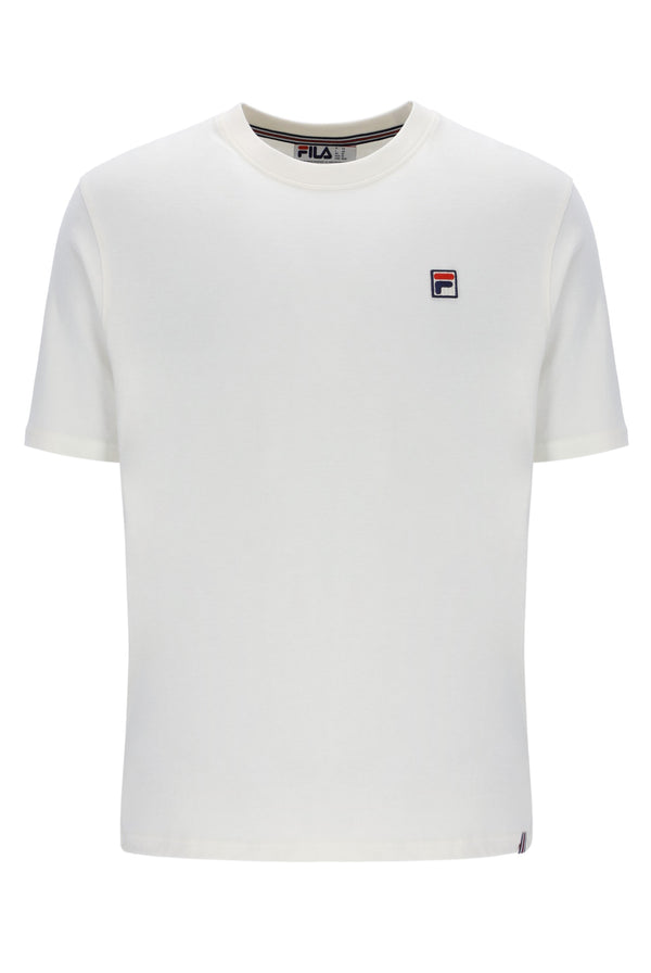 White t-shirt with a small logo on a white background