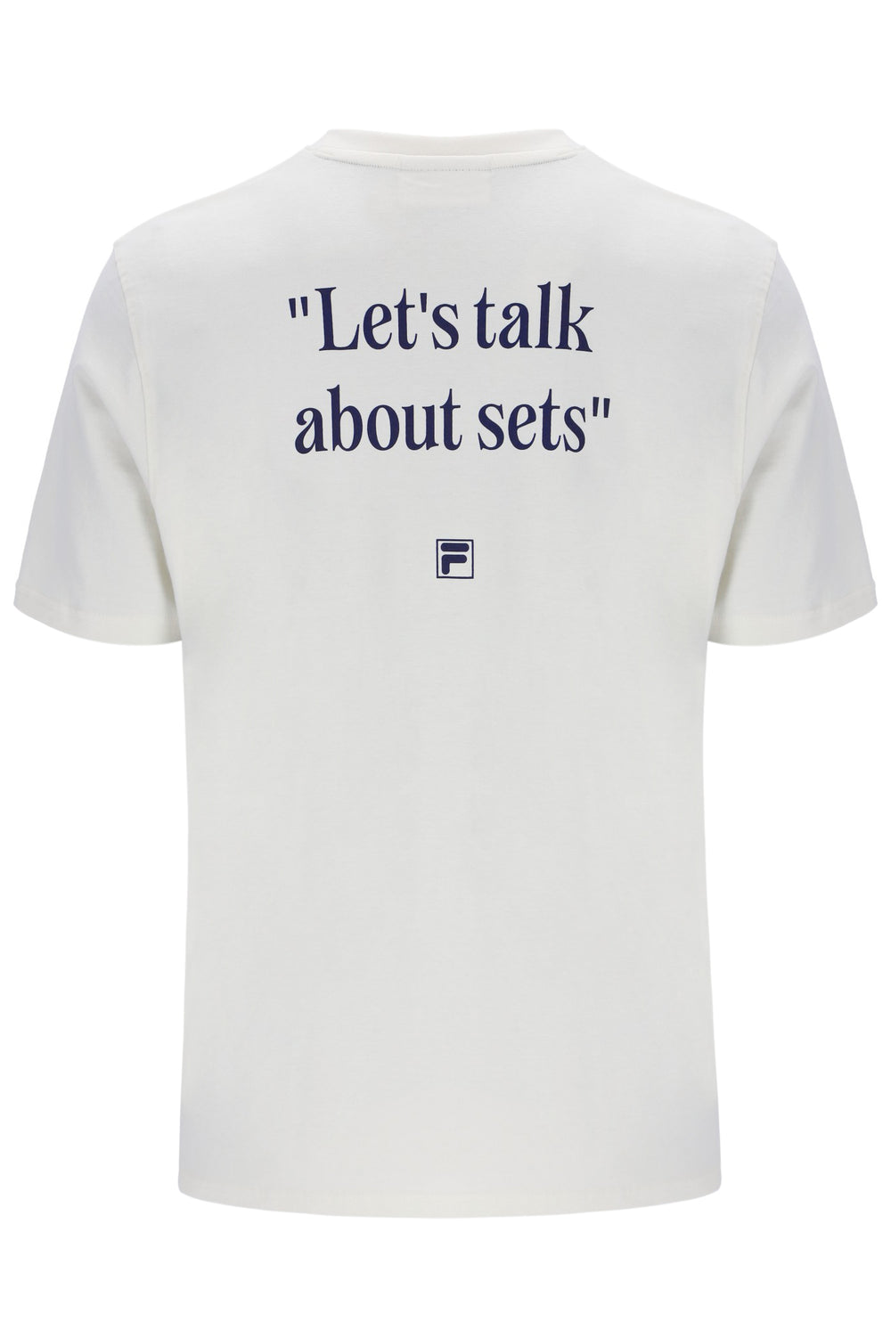White t-shirt with text 'Let's talk about sets' on a white background