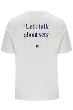 White t-shirt with text 'Let's talk about sets' on a white background