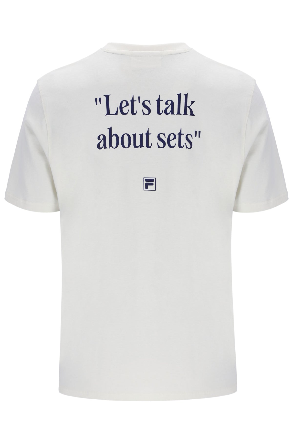 White t-shirt with text 'Let's talk about sets' on a white background