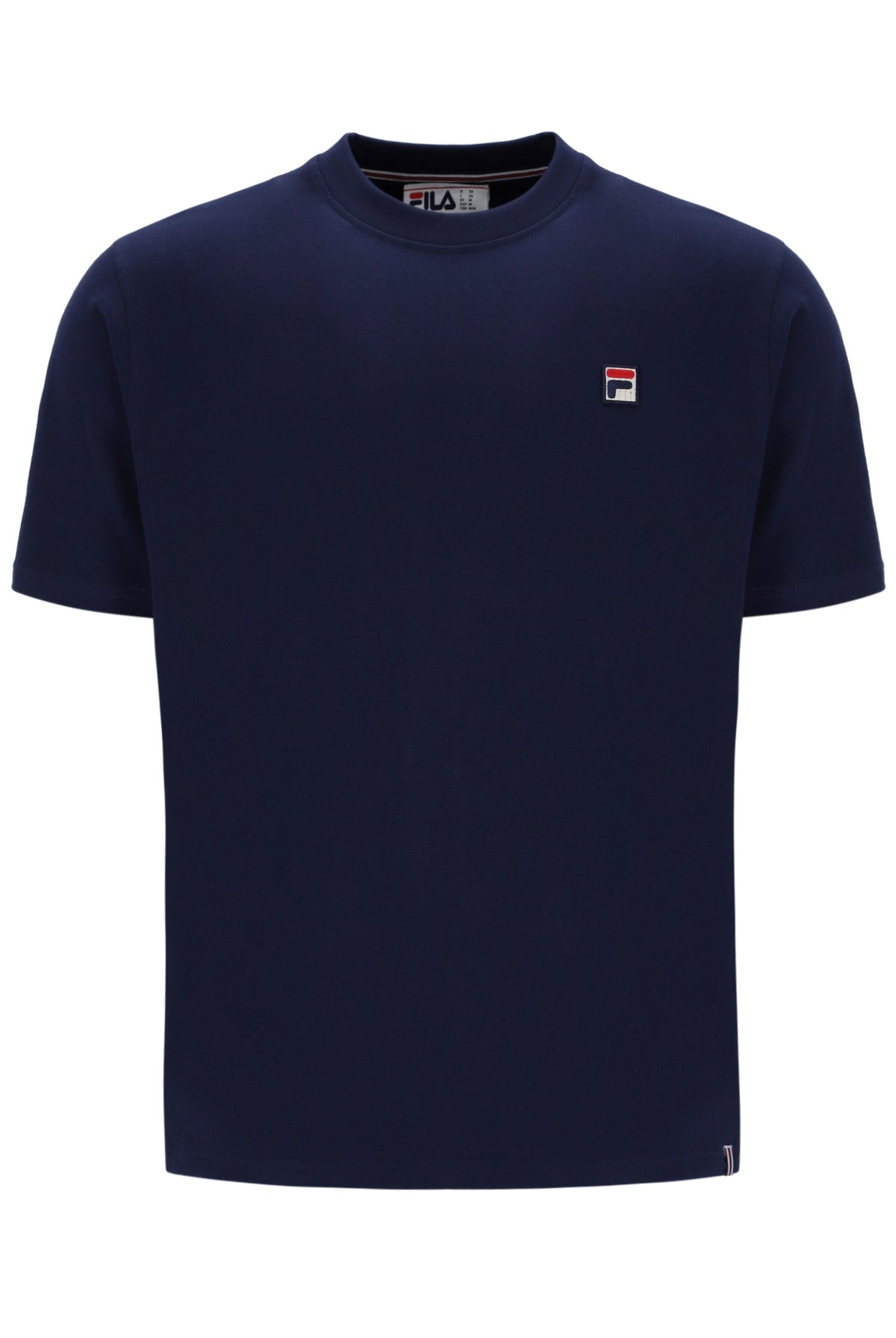 Navy blue t-shirt with a small FILA logo on a white background