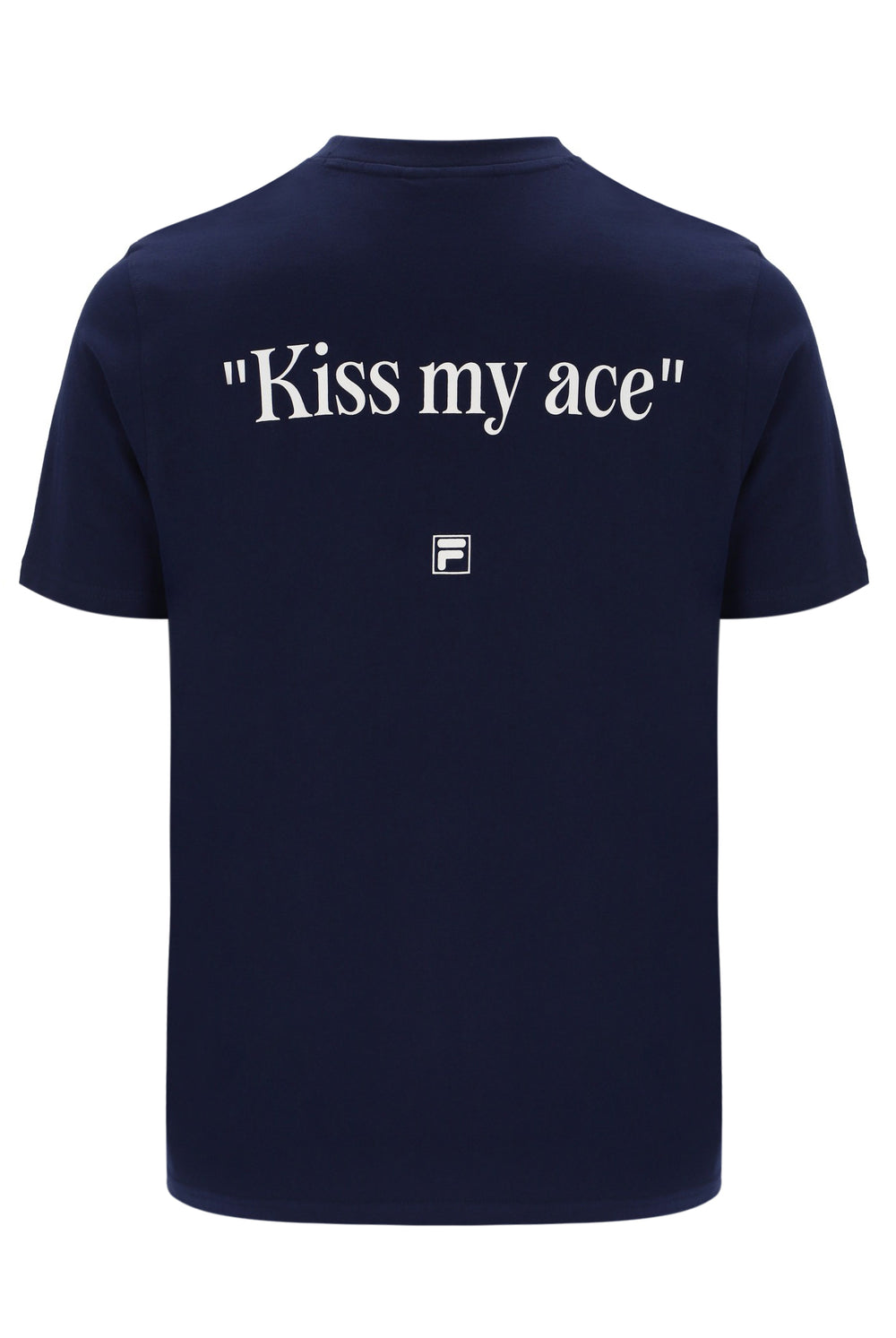 Navy blue t-shirt with 'Kiss my ace' text and a FILA logo on a white background