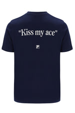 Navy blue t-shirt with 'Kiss my ace' text and a FILA logo on a white background