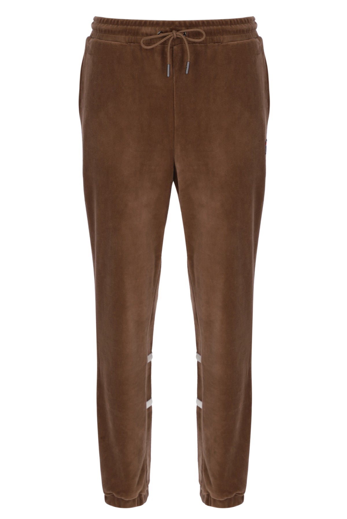 Brown velour jogger pants with a drawstring on a white background