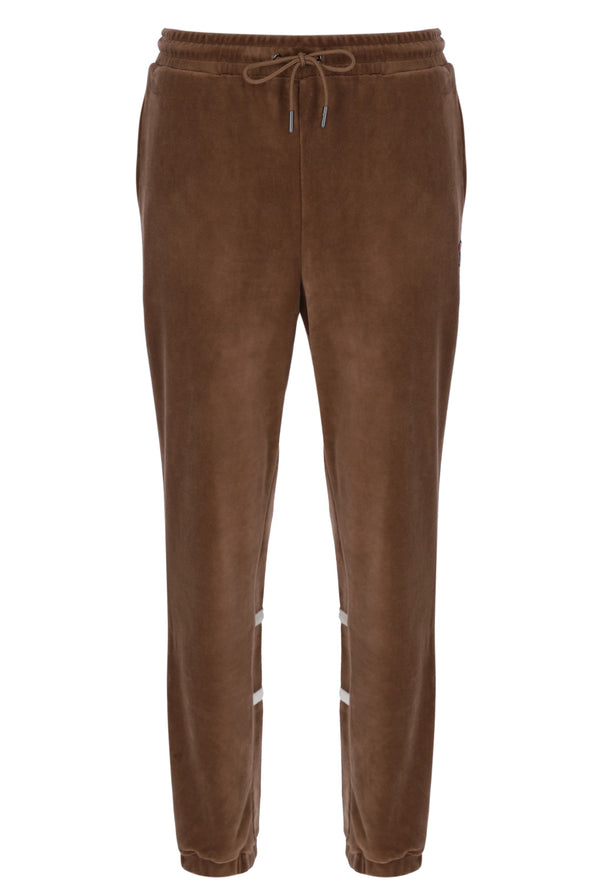Brown velour jogger pants with a drawstring on a white background