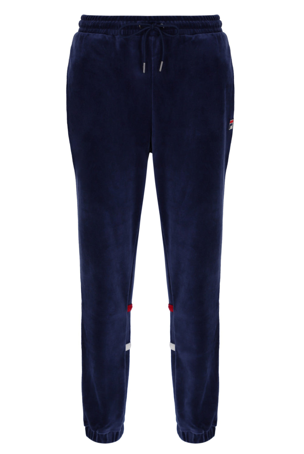 Navy blue jogger pants with small red and white patches on a white background