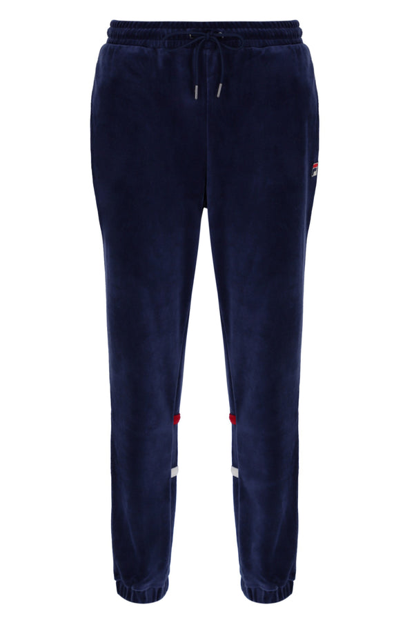 Navy blue jogger pants with small red and white patches on a white background