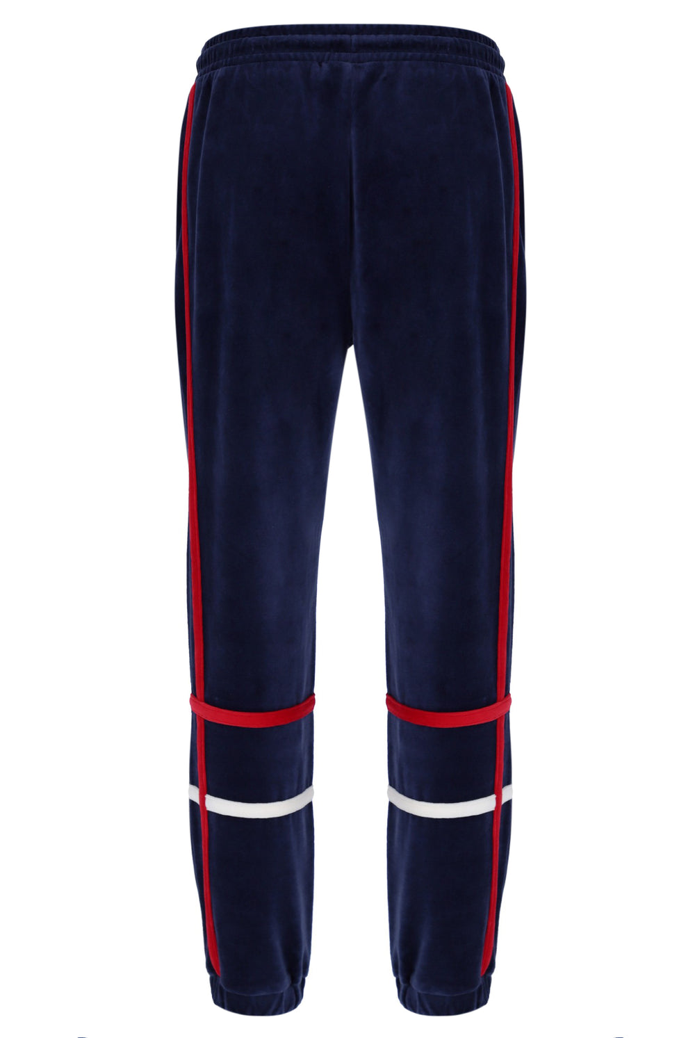 Navy tracksuit pants with red and white stripes on a white background