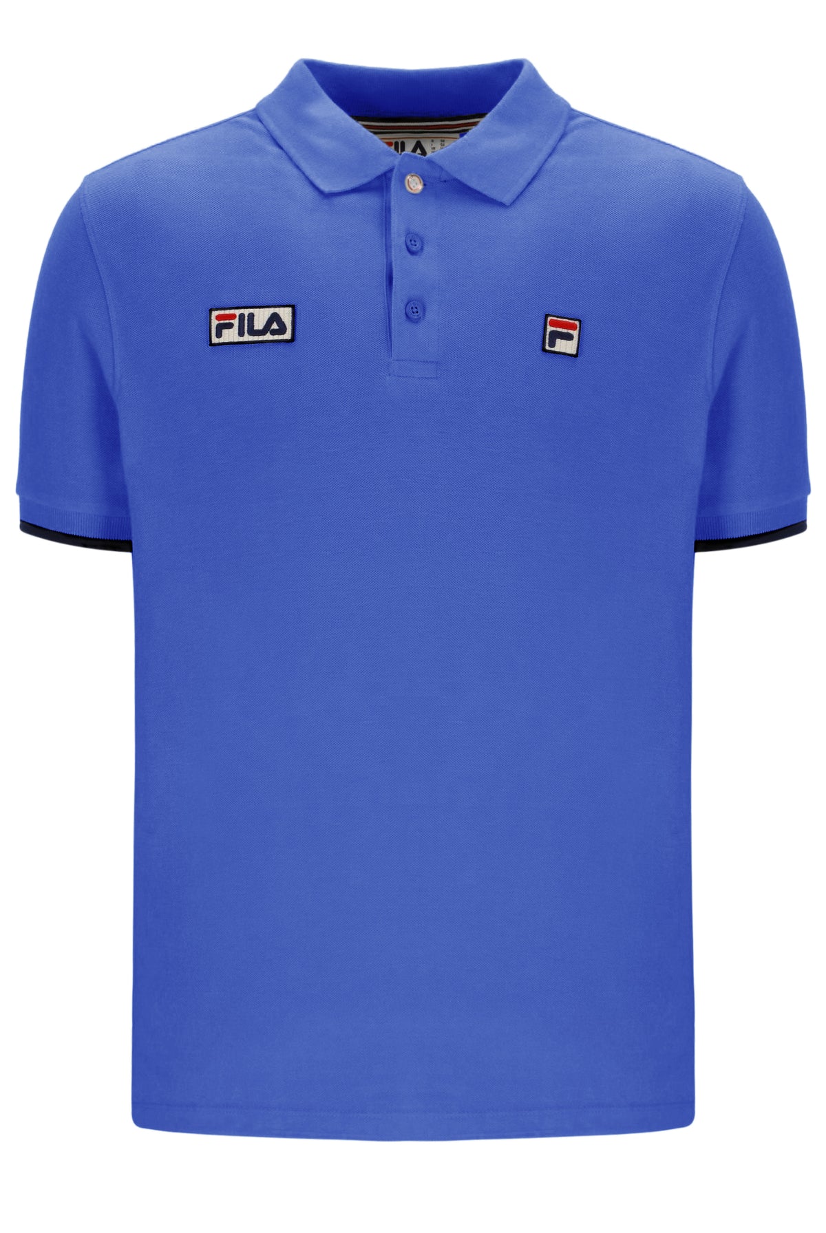 Displays the Dazzling Blue 'FILA' branded Pablo Three-Button Tipped Rib Polo Shirt